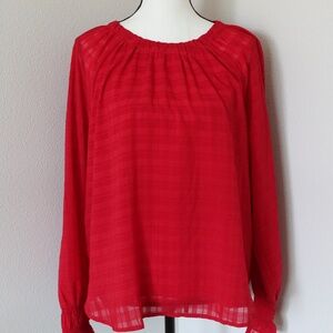 Red Sheer Plaid Overlay Smocked Long Sleeve Blouse